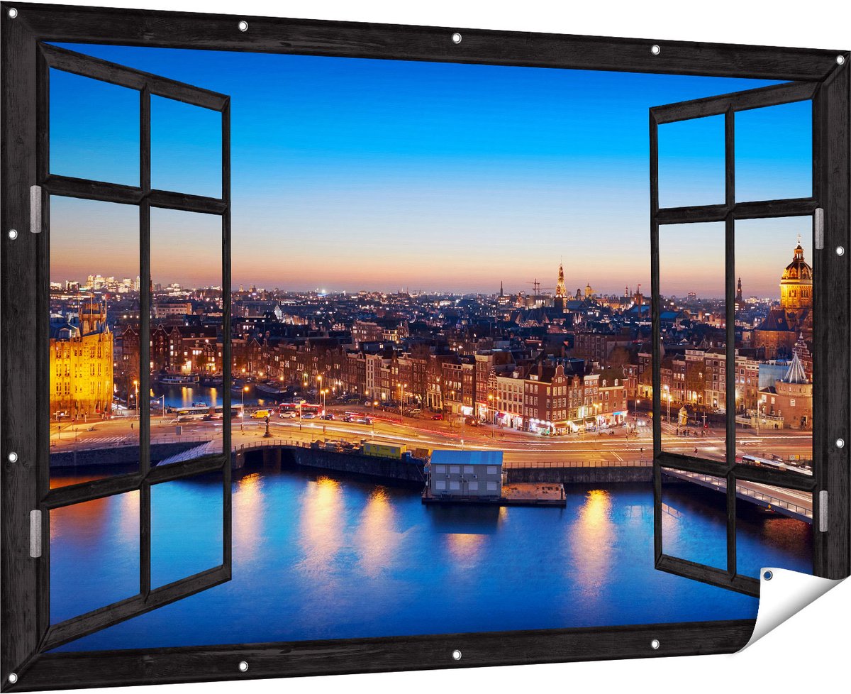 Gards Tuinposter Doorkijk Amsterdam Centrum in de Nacht - 180x120 cm - Tuindoek - Tuindecoratie - Wanddecoratie buiten - Tuinschilderij Multikleur