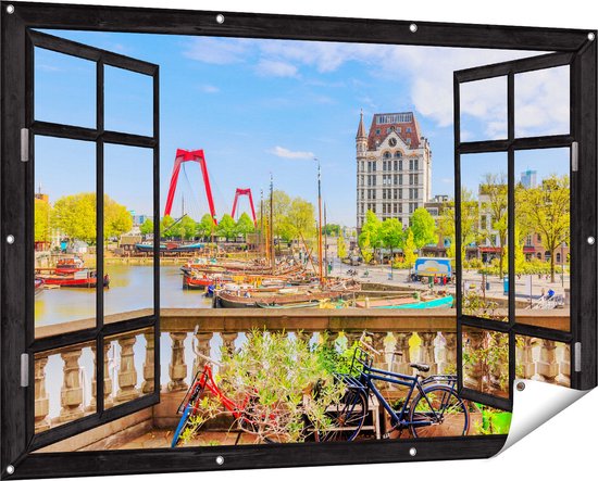 Gards Tuinposter Doorkijk Kleurrijke Oude Haven in Rotterdam - 150x100 cm - Tuindoek - Tuindecoratie - Wanddecoratie buiten - Tuinschilderij