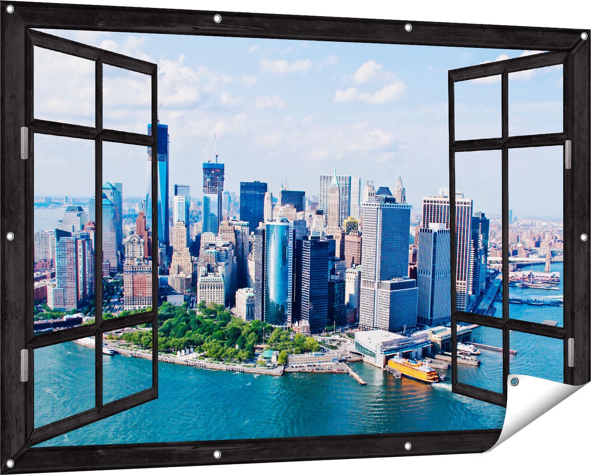 Gards Tuinposter Doorkijk New York Als een Eiland vanuit de Lucht - 150x100 cm - Tuindoek - Tuindecoratie - Wanddecoratie buiten - Tuinschilderij Zwart