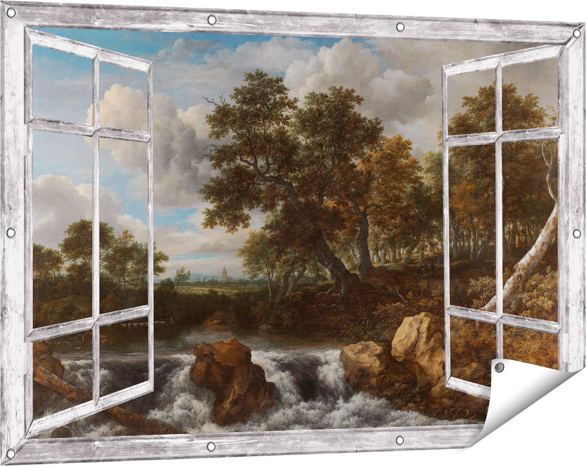 Gards Tuinposter Doorkijk Landschap met Waterval - Jacob van Ruisdael - 120x80 cm - Tuindoek - Tuindecoratie - Wanddecoratie buiten - Tuinschilderij Grijs