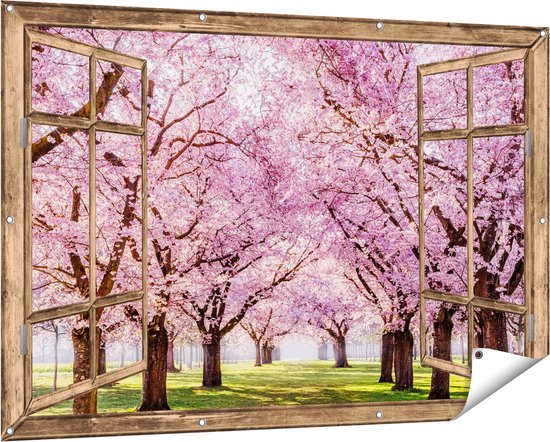 Gards Affiche de jardin Transparente Parc d'arbres en fleurs roses - Fleurs - 150x100 cm - Toile jardin - Décoration de jardin - Décoration murale extérieur - Tableau jardin