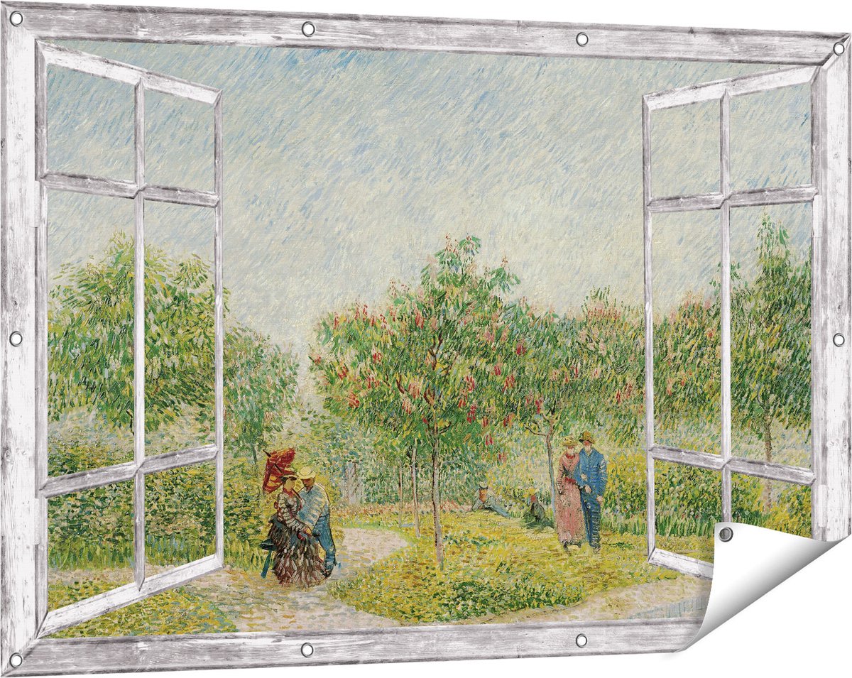 Gards Tuinposter Doorkijk Tuin met Geliefden - Vincent van Gogh - 120x80 cm - Tuindoek - Tuindecoratie - Wanddecoratie buiten - Tuinschilderij Grijs