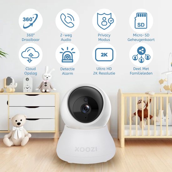 XOOZI Qt32 - Premium Babyfoon met Camera en App - Baby Monitor met Auto Tracking - Baby Camera - Huisdiercamera - WiFi 2,4 Ghz - Ultra HD - incl. 32GB Geheugenkaart