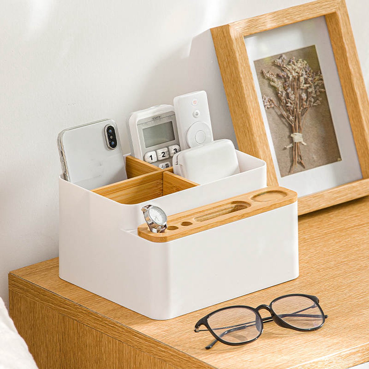 XNONE 360 graden draaibare afstandsbedieninghouder, 5-delig, nachtkastje, PU -leer, multifunctionele organizer, bureau-organizer, opbergdoos voor iPad Mini, pen, telefoon, media (diepe koffie