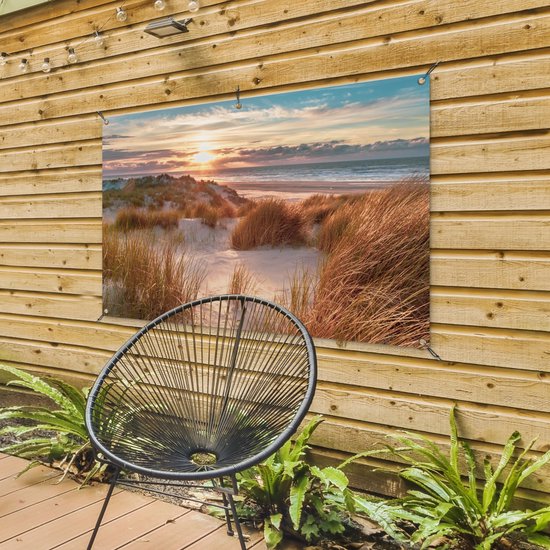 Affiche jardin - Toile Posters de jardin extérieur - Dune - Plantes - Coucher de soleil - Plage - Mer - 120x80 cm - Jardin