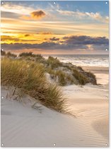Muurdecoratie buiten Strand - Duin - Gras - Zonsondergang - Zee - 120x160 cm - Tuindoek - Buitenposter Muurdecoratie buiten Strand - Duin - Gras - Zonsondergang - Zee - 120x160 cm