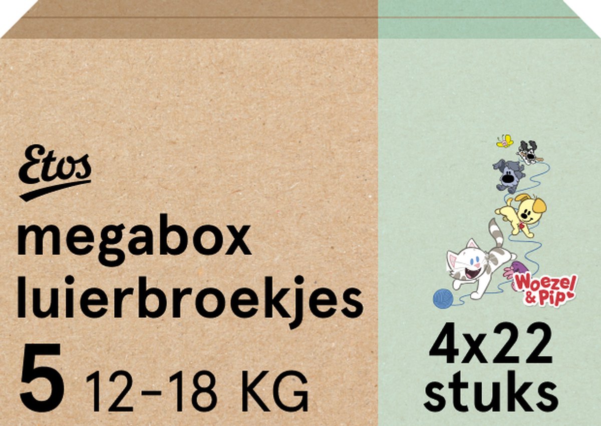 Goedkoopste Etos Luierbroekjes - Woezel & Pip - Maat 5 - 12 tot 18 kg - Megabox - 88 stuks
