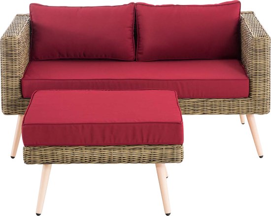 Canapé avec repose-pieds Mida - 40cm - Rouge/marron - Canapé 2 places - Osier - Rotin - Pour l'extérieur - Canapé lounge - Canapé de jardin