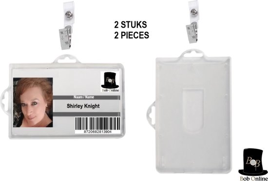 Bob Online ™ - 2 Stuks – Transparant ID-Badgehouder Verticaal/Horizontaal + 2 Stuks Krokodil Bretel Bandjes – 2 x Transparent ID Badge Holders + 2 x Crocodile Vinyl Suspender Straps – Semi-Flexible 1 Card ID Badge Holder – Polypropyleen Badgehouders