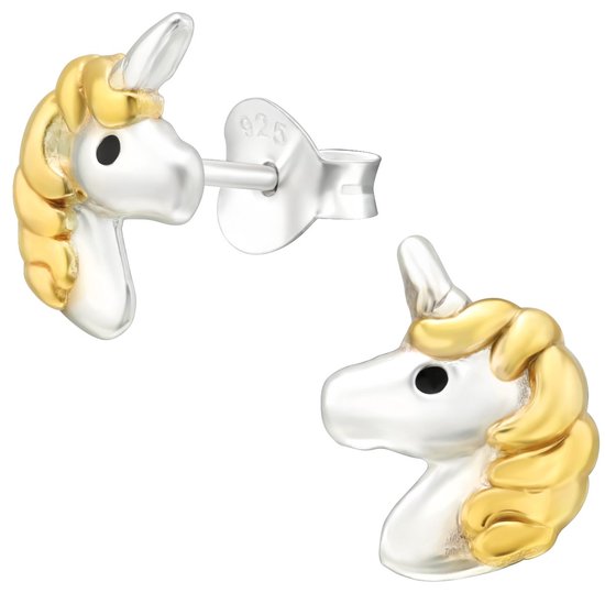 Joy|S - Zilveren eenhoorn oorbellen - 7 x 9.5 mm - zilver mer 14k goudplating manen - unicorn oorknoppen