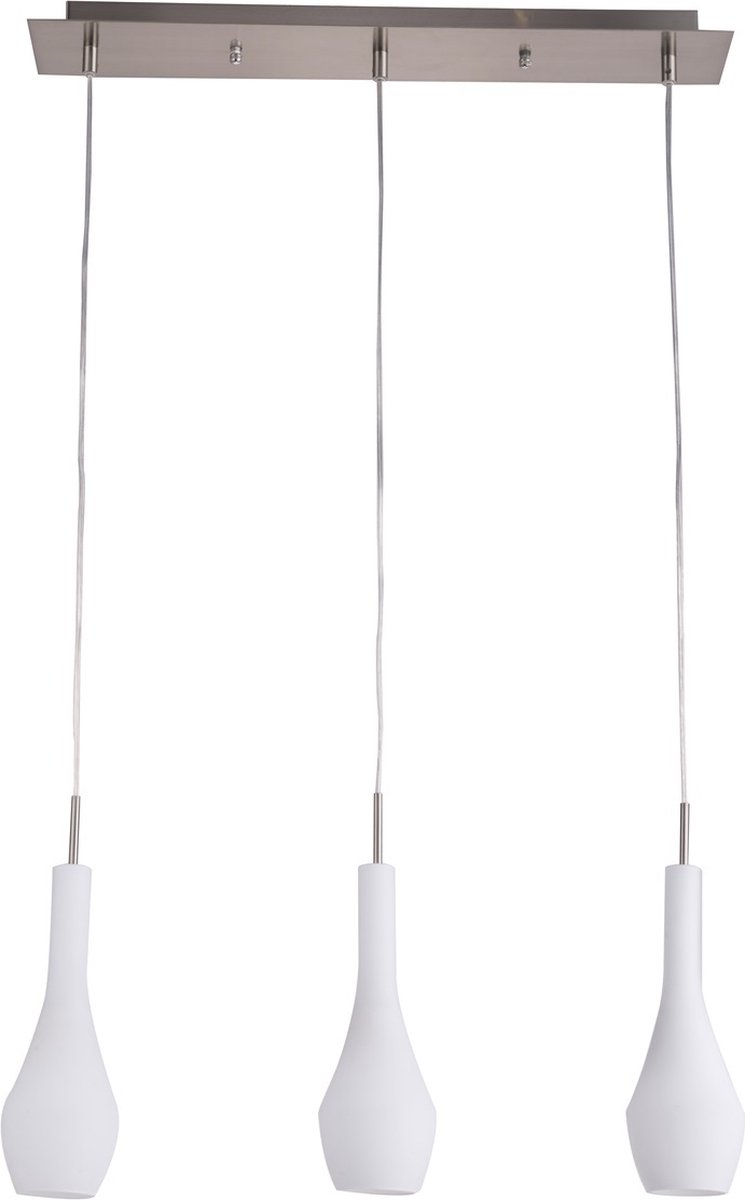 Botelo hanglamp met 3 glazen flessenkappen, mat nikkel/melkwit, E27-fitting x3, 600 mm lang, 1200 mm hoog, IP20