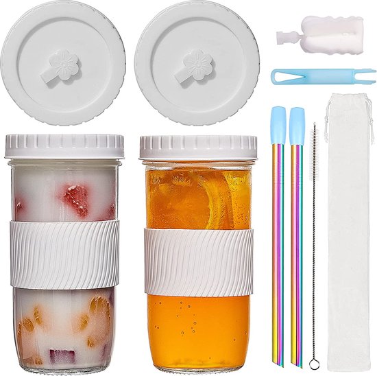 Bubble Tea beker met rietje, 2 x deksel, drinkbeker voor boba, smoothie