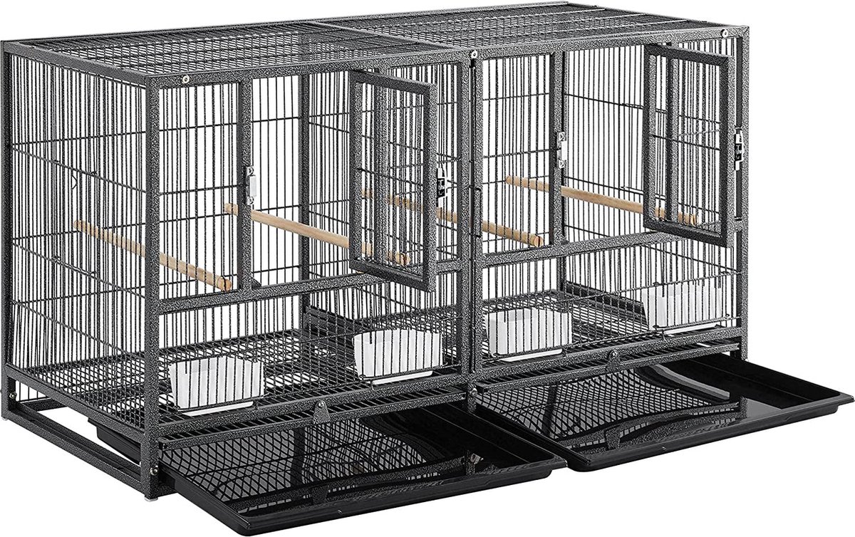 Grote vogelkooi, vogelvolière, papegaaienkooi, dubbele kooi, scheidingswand, scheidingswand, kweekkooi, vogelhuis, 96 x 46 x 53 cm, zwart HMTM-BC-10020-Black