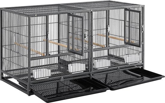 Grote vogelkooi, vogelvolière, papegaaienkooi, dubbele kooi, scheidingswand, scheidingswand, kweekkooi, vogelhuis, 96 x 46 x 53 cm, zwart HMTM-BC-10020-Black
