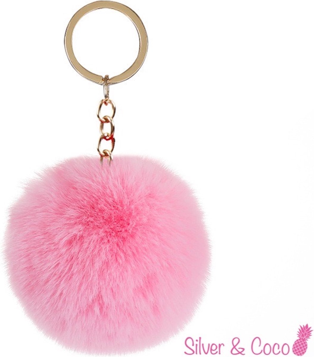 SilverAndCoco® - Faux Fur Bal / Meisjes Sleutelhanger Auto Huis / Key Chain Pom Pom / Sleutel Ring Nep Bol Imitatie Bont / Pluche Fluffy Bolletje / Sleutels Vrouwen - Roze