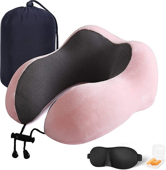 YONO Premium Set d'oreillers pour le cou - Oreiller de voyage avion et voiture - Mousse à mémoire de forme - Y compris masque de sommeil et bouchons d'oreille pour dormir - Rose clair