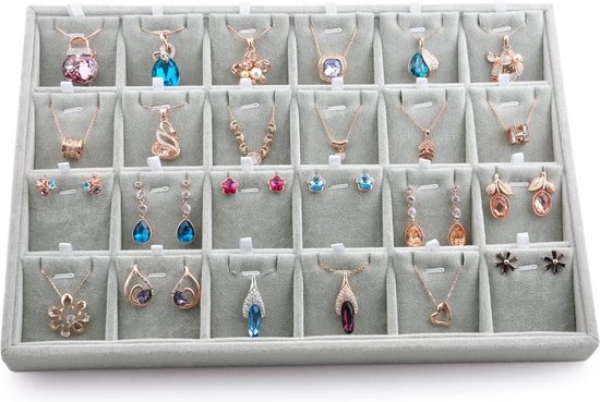 Belle Vous Zwart Velours Sieraden Organizer Display Case met 24 Secties & Glazen Deksel - Grote Stapelbare Doos Tray - Aanpasbare Opslag Rasters voor