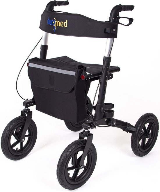 Dunimed Outdoor Rollator met Grote Luchtbanden - Rollator voor Buiten Inclusief Stokhouder en Tas - Dubbel opvouwbaar - Met Parkeerrem en Stevige Rugband - Zwart