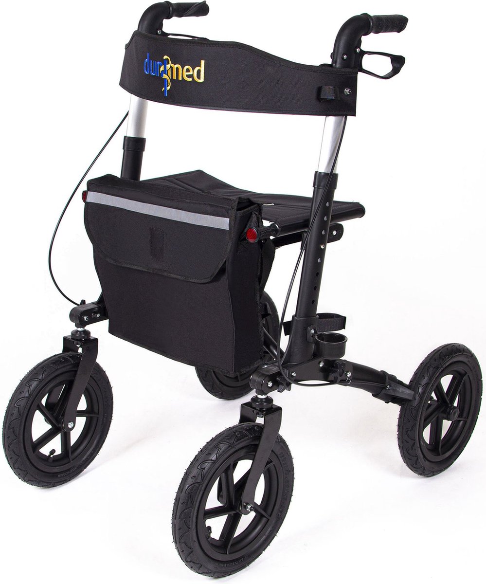 Goedkoopste Dunimed Premium Lichtgewicht Rollator met Grote Luchtbanden - Rollator voor Buiten Inclusief Stokhouder en Tas - Dubbel opvouwbaar - Met Parkeerrem en Stevige Rugband - Zwart
