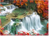 Tuinposter - Waterval - Natuur - Water - Oranje - Rood - Bladeren - 160x120 cm - Tuin - Tuindoek - Tuindecoratie - Tuinposter waterval