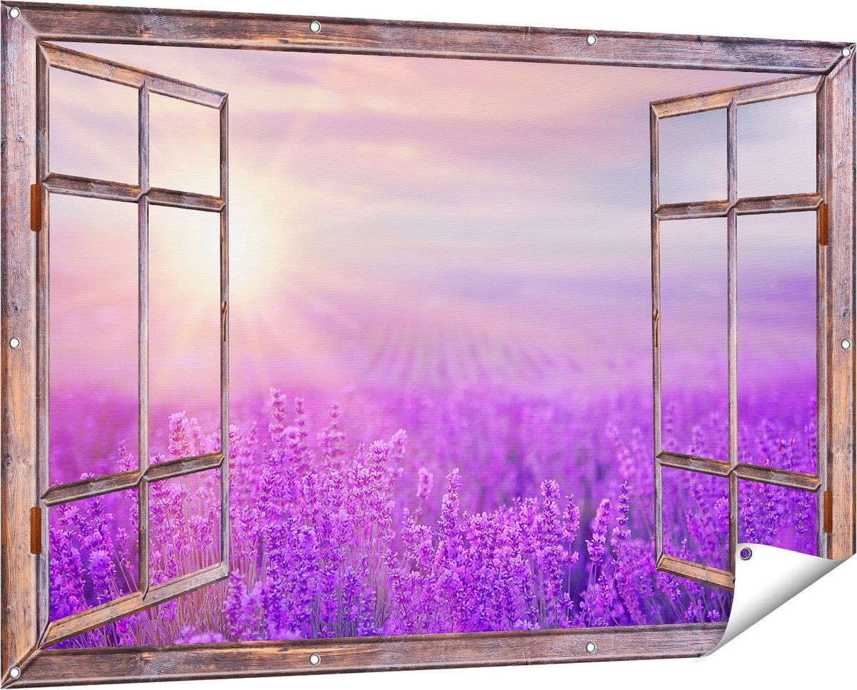 Gards Tuinposter Doorkijk Bloemenveld met Paarse Lavendel - 150x100 cm - Tuindoek - Tuindecoratie - Wanddecoratie buiten - Tuinschilderij