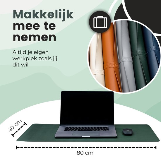 WURK Professional Desk Pad en cuir artificiel - Organisateur de bureau - Avec clip de câble - 80x40 - Vert