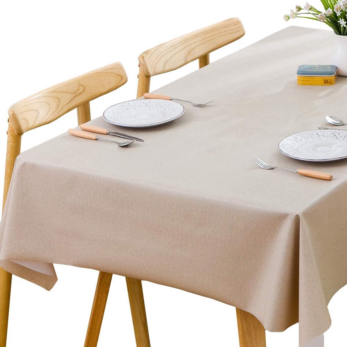 tafelkleed, vierkant voor keuken, eettafel, oliedoek, kunststof tafelkleed voor binnen en buiten (137 x 137 cm, beige)