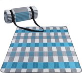 Strand Picknickmat Rond - 150x200 cm - Waterdicht - Zandvast - Blauw Grijs Wit Ruiten - Picknickkleed