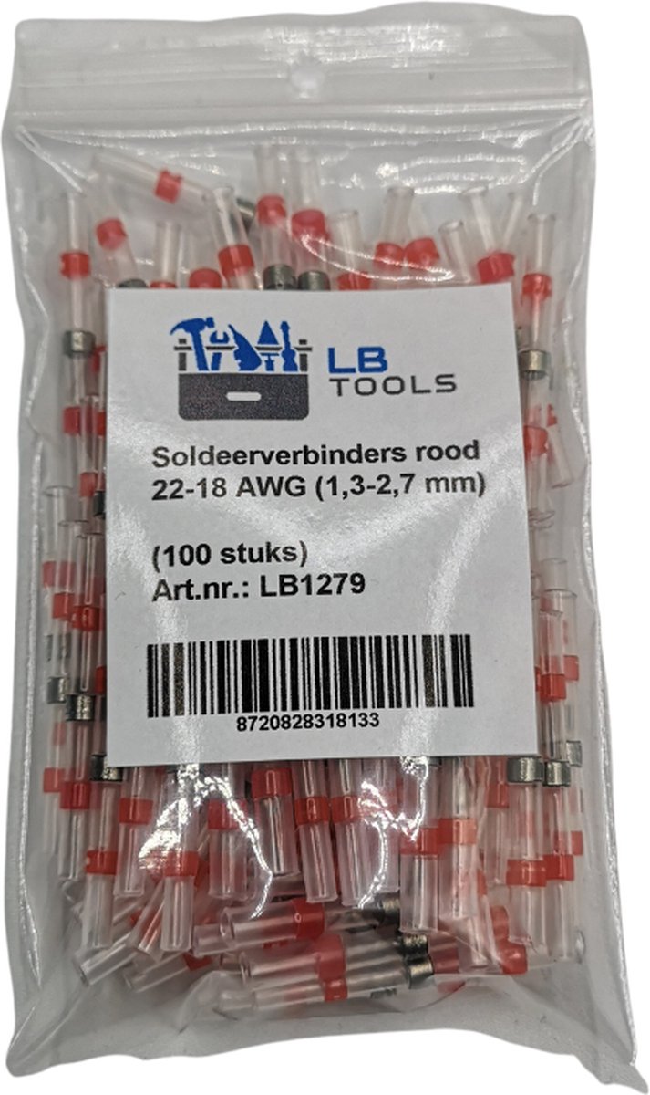 LB Tools 100x Professionele soldeerhulzen, soldeerverbinders waterdicht rood 22-18 AWG (1,3-2.7 mm) krimpkous