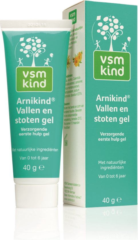 Tube en doosje VSM Kind Arnikind Vallen en stoten gel, verzorgende eerste hulp gel met natuurlijke ingrediënten, van 0 tot 6 jaar, 40g.
