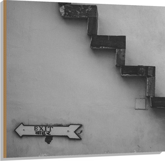 Hout - Trap voor Witte Muur in het Zwart- wit met Bordje Exit - 100x100 cm - 9 mm dik - Foto op Hout (Met Ophangsysteem)