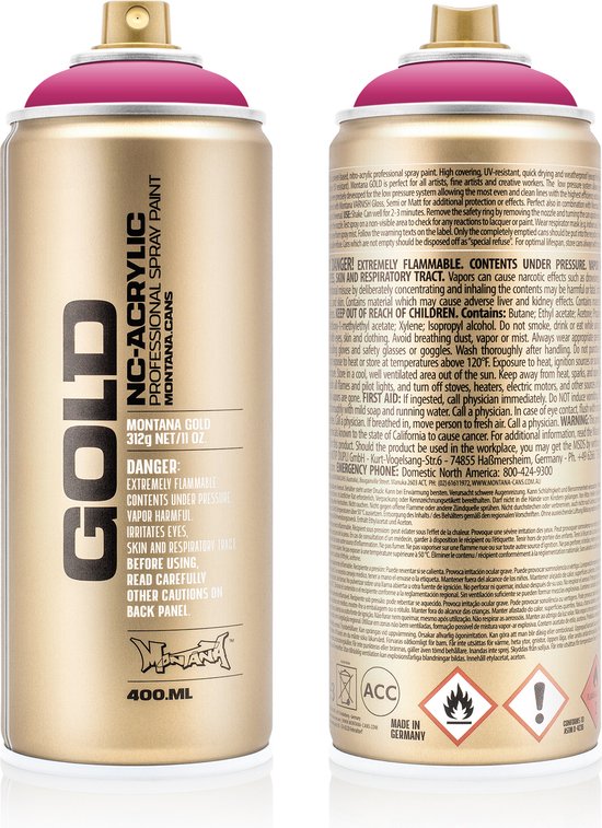 Deux bombes de peinture dorées, l'une indique 'MONTANA GOLD NC-ACRYLIC PROFESSIONAL SPRAY PAINT 400ml', à côté d'une bande rose unie.