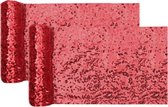 Santex Kerstdiner glitter tafelloper op rol - 2x - rood pailletten - 30 x 300 cm - polyester