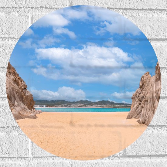 WallClassics - Muursticker Cirkel - Rotsen op Strand van Playa Del Divorcio, Mexico - 40x40 cm Foto op Muursticker