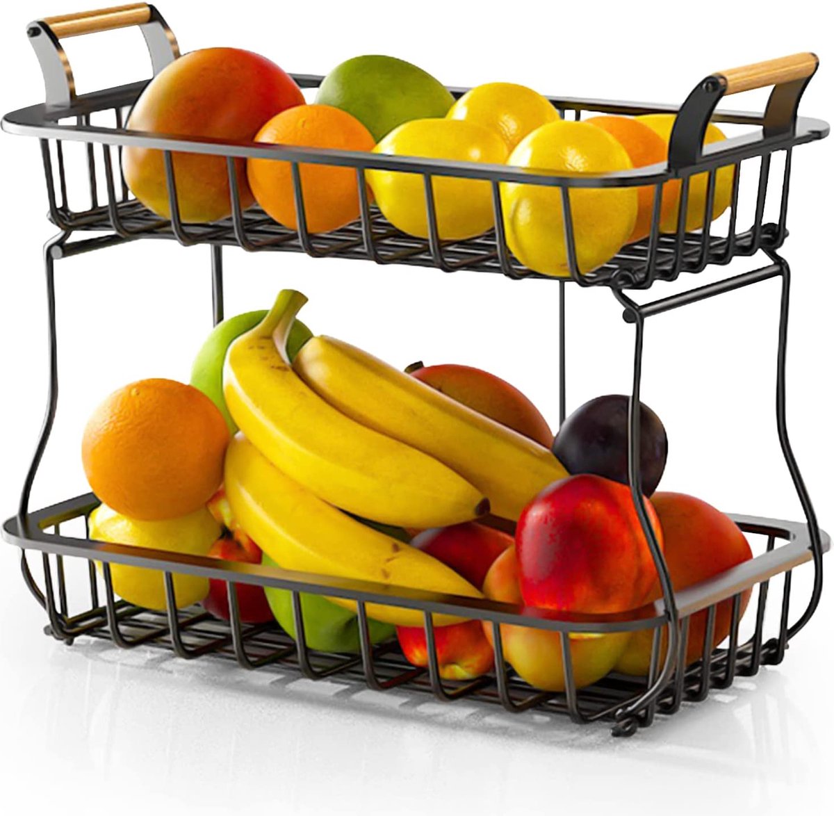 Fruitmand met 2 niveaus,groenterek,Fruit-etagère,etalen fruitschaal voor vers fruit en Groenten,Moderne Fruitschaal,Praktisch, voor Dagelijks gebruik in de Keuken,Zwart