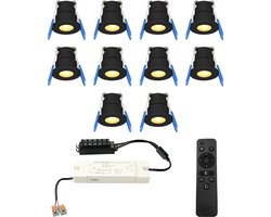 HOFTRONIC Milano - 10x Zwarte LED Inbouwspots - Traploos dimbaar met RF-afstandsbediening - Zwart - IP65 Waterdicht - 2700K Extra warm wit - 3W CREE LEDs 12V - Verandaverlichting - Plafondspotjes badkamer - Voor Veranda, Carport en Badkamer
