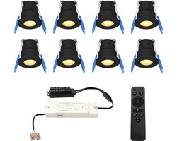 HOFTRONIC Milano - 8x Zwarte LED Inbouwspots - Traploos dimbaar met RF-afstandsbediening - Zwart - IP65 Waterdicht - 2700K Extra warm wit - 3W CREE LEDs 12V - Verandaverlichting - Plafondspotjes badkamer - Voor Veranda, Carport en Badkamer