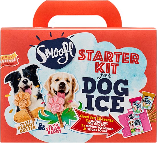 Smoofl honden lekkernij - Starter Kit om je eigen honden ijs te maken, Kit met 2 ijsmixen voor honden, Pindakaas en Aardbei smaak, een pootvormige Silicone Vorm - voor 4 hondenijsjes