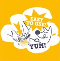 Illustratie van een hand die een pootvormig ijsje maakt voor een hond. Tekst: "EASY TO USE! YUM!".