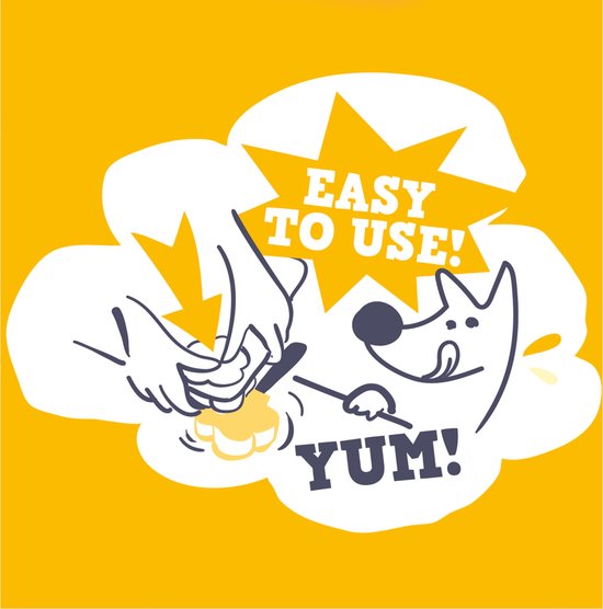Illustratie van een hand die een pootvormig ijsje maakt voor een hond. Tekst: "EASY TO USE! YUM!".