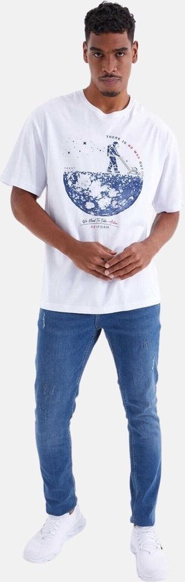 La Pèra Heren T-Shirt 100% katoen Ronde hals - wit met blauwe print - L
