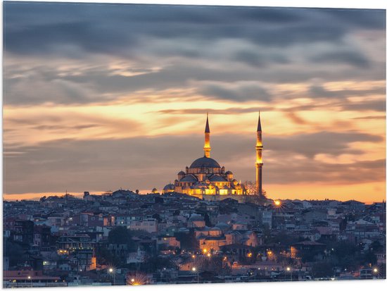 WallClassics - Vlag - Süleymaniye-Moskee op Begin van de Avond in Istanbul, Turkije - 80x60 cm Foto op Polyester Vlag