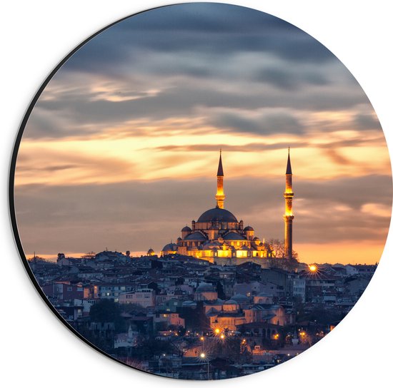 WallClassics - Dibond Muurcirkel - Süleymaniye-Moskee op Begin van de Avond in Istanbul, Turkije - 20x20 cm Foto op Aluminium Muurcirkel (met ophangsysteem)