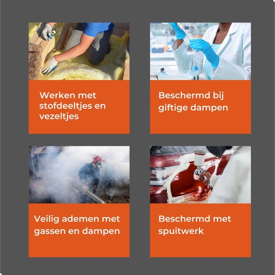 Vier afbeeldingen: werken met isolatie, bescherming bij dampen, veilig ademen met gassen, bescherming bij spuitwerk.