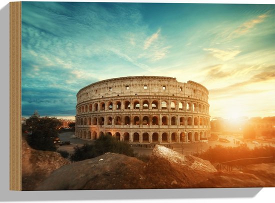 Hout - Zonsondergang achter het Colesseum in Rome, Italië - 40x30 cm - 9 mm dik - Foto op Hout (Met Ophangsysteem)