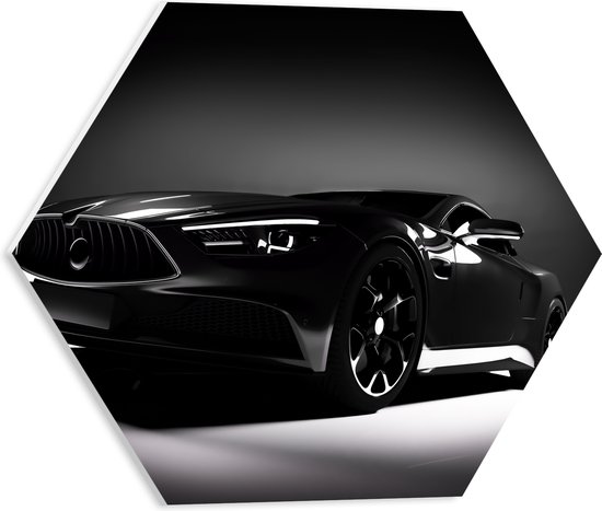 WallClassics - PVC Schuimplaat Hexagon - Zwarte Auto in Grijs met Zwarte omgeving - 40x34.8 cm Foto op Hexagon (Met Ophangsysteem)