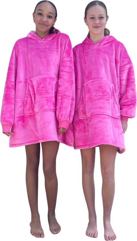 Fleece kinder poncho - plaid met mouwen en capuchon voor kinderen - oversized hoodie kind - fleece deken met mouwen – hoodie blanket - hoodie plaid voor kinderen - TV deken – zacht & warm - roze - 134 t/m 164 (ca. 8-14 jaar) - Badrock