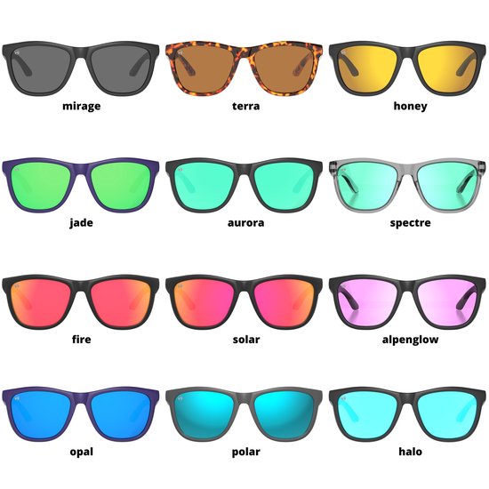 Een raster van 12 zonnebrillen, elk met een andere lenskleur: mirage, terra, honey, jade, aurora, spectre, fire, solar, alpenglow, opal, polar en halo.