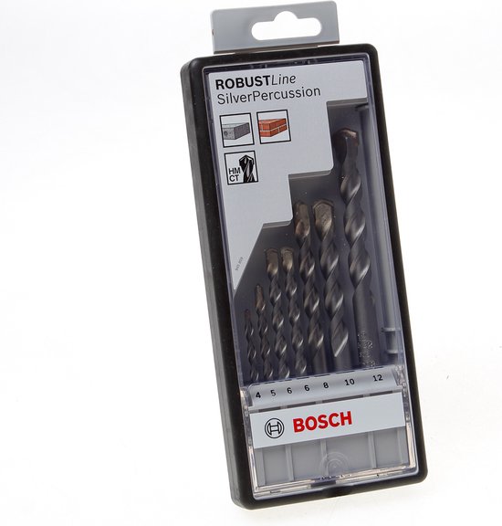 Bosch Silver Percussion boorset met zeven betondboren (4-12mm) in een zwarte koffer.