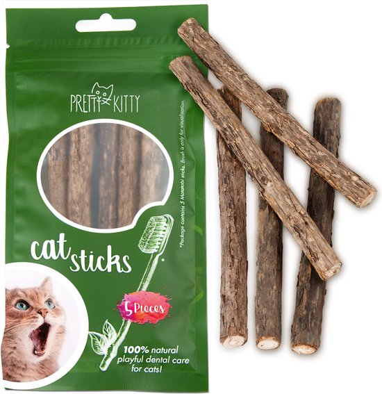 PRETTY KITTY Katzen Zahnpflege Sticks : 5X Matatabi Stick Katze aus Holz – Katzenspielzeug Natur gegen Mundgeruch – Dental Sticks Katze – Katzen Kauspielzeug für Dental Care bei Katzen Cat Sticks